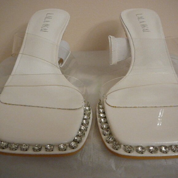 Lala Ikai Women's White Clear Strap Rhinestone Trim Sandals Mules-US 7.5, EUR 38 - Picture 6 of 9